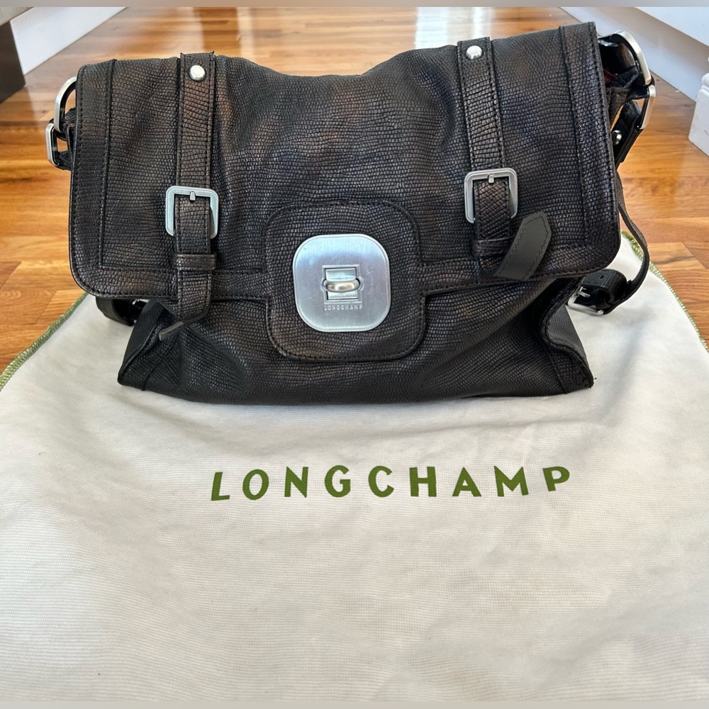 Longchamp Gatsby Black Textured Leather Crossbody Messenger Bag